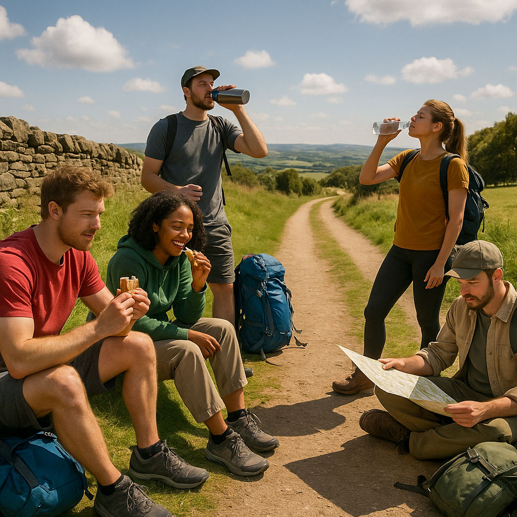 A group of hikers stopped on a footpath having a break and a rest. Two are sat down eating. Two hikers are stood up drinkg and the fifth is sat on the floor looking at a map.
