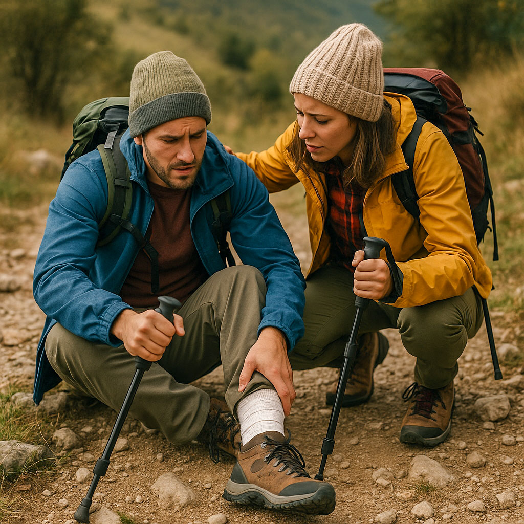 A hiker has injured his ankle and is sat wondering whether he can continue with the walk