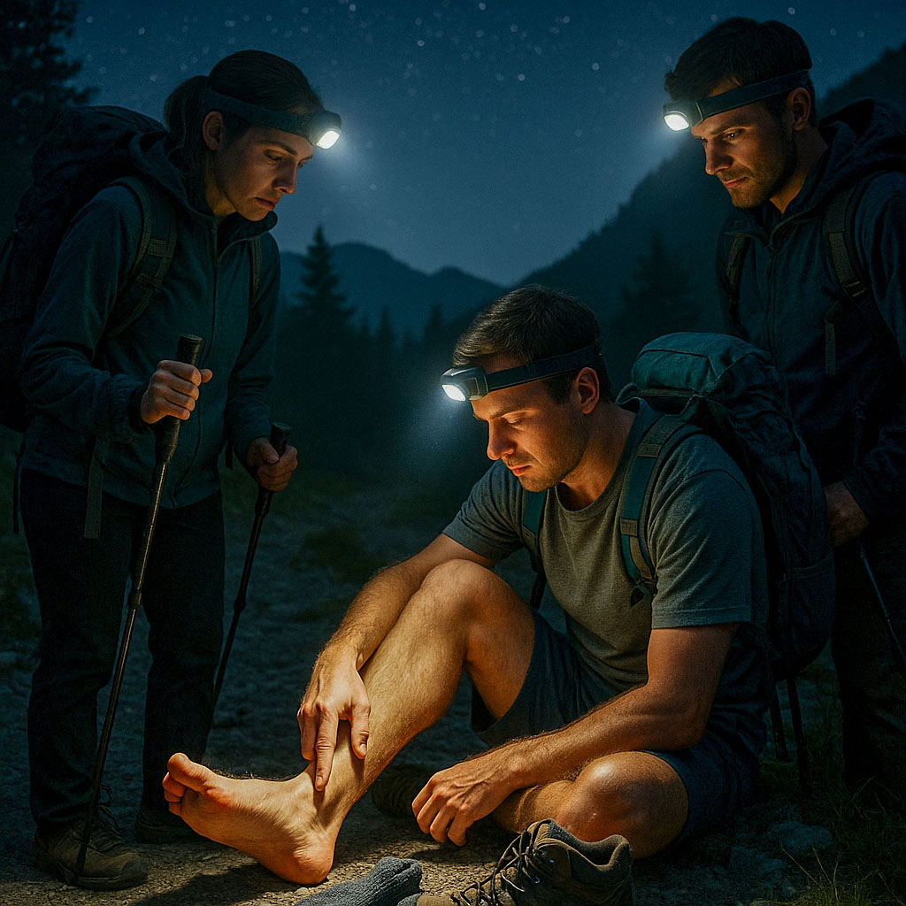 A hiker is inspecting a blister on his foot at night in the dark with his foot illumintade by his headtorch