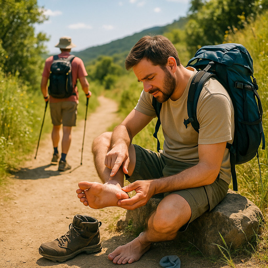 A hiker with his hiking boot and hiking sock removed, is sat on a stone inspecting a blister on his foot