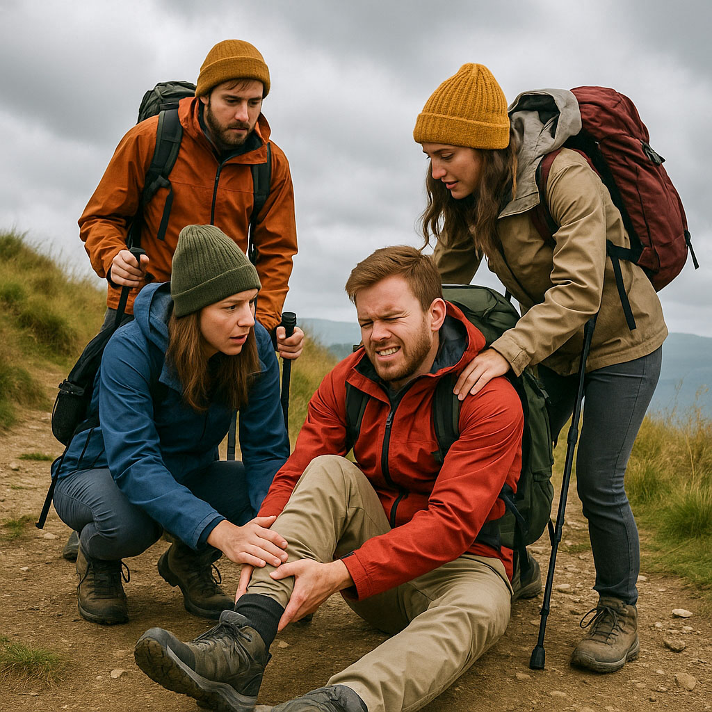 A hiker who has gone over on his ankle is sat in pain on the footpath
