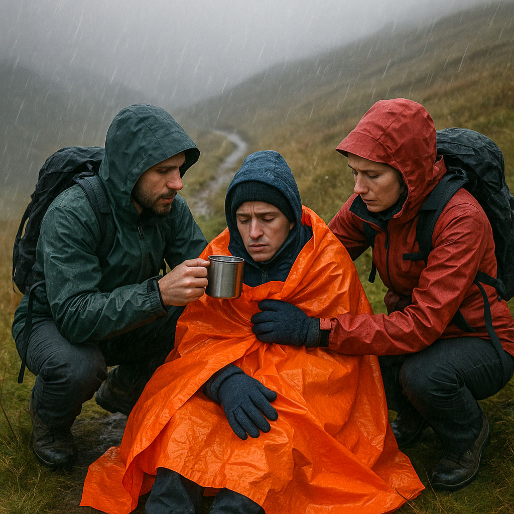 A hiker who is suffering from Hypothermia is sat in a bivvvy bag, wrapped up his coat and gloves, being given a hot drink
