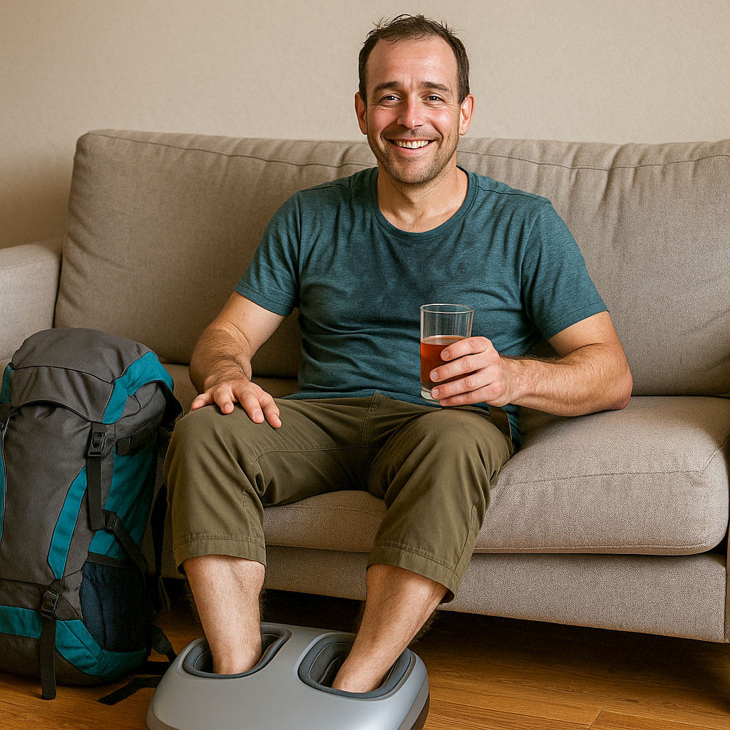 A hiker, post walk, sat on a sofa with his feet in a foot massager