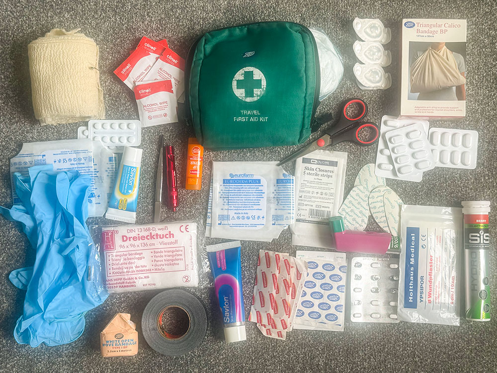 Author's first aid kit along with some of the contents