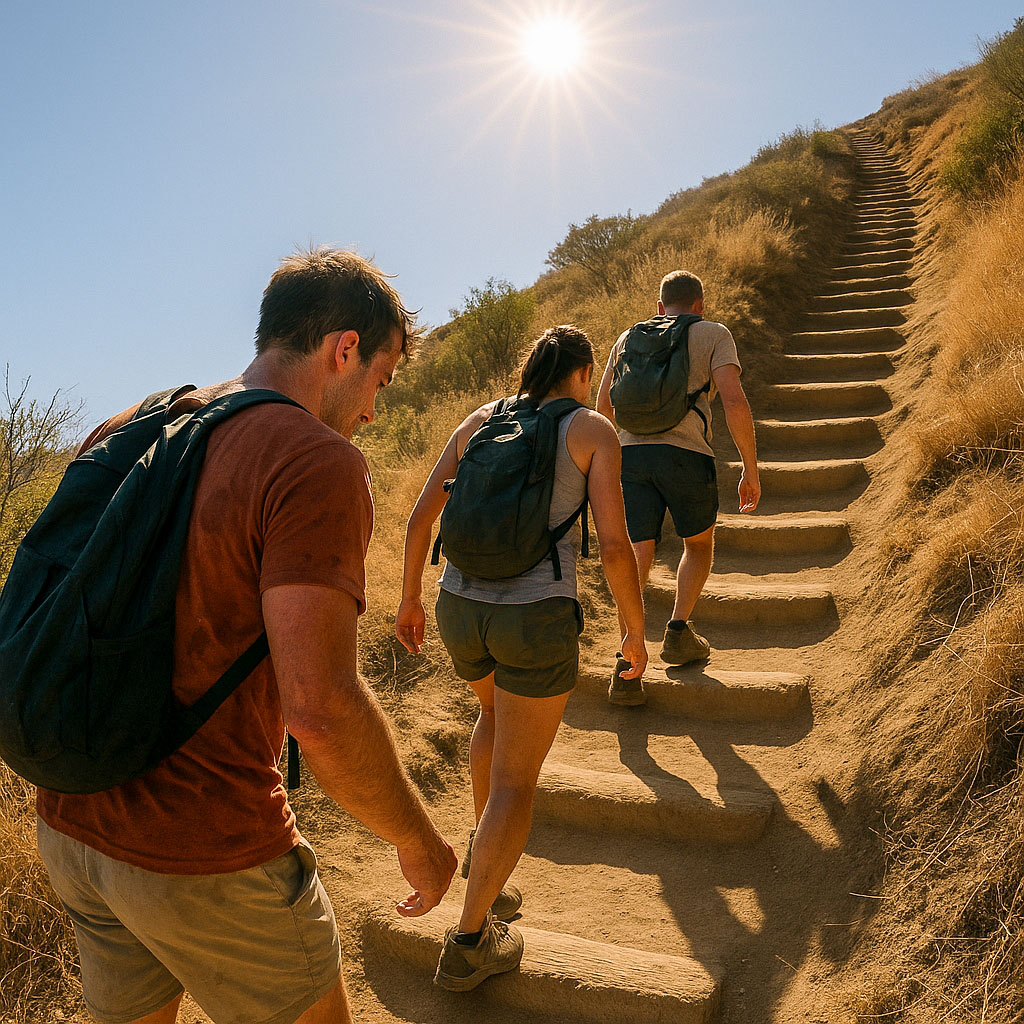 Three hikers sweating on a very hot sunny day climbing some steps up the side of a hill