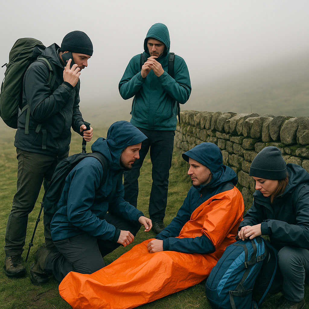 A group of hikers are stopped by a wall as one of their party is injured. One is ringing Mountain Rescue, another is talking to the casualty and another is routing through her rucksack for a first aid kit.