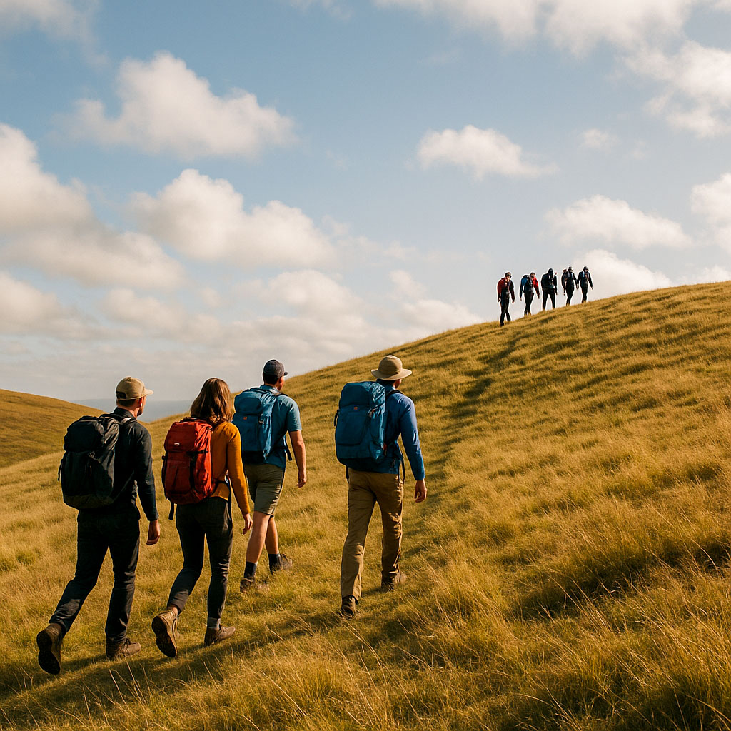 A group of hikers who have split into a group of five and four, with the group of five walking faster and further up the hill