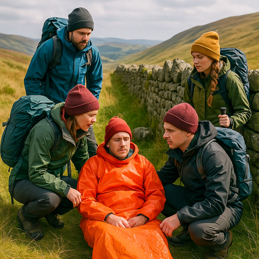 A group of five hikers, one of whom is sat on the floor in a survival bivi bag