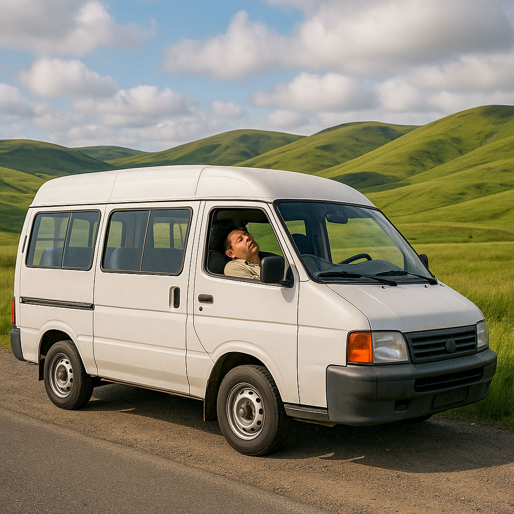 A minibus driver having a sleep in his van, whilst waiting for the hikers to return