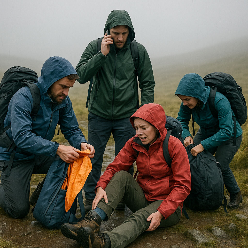 A group of four hikers, one of whom has just fallen and hurt her leg. One person is getting a survival bag out, another is calling Mountain Rescue on his mobile telephone and another is looking for their first aid kit in their rucksack