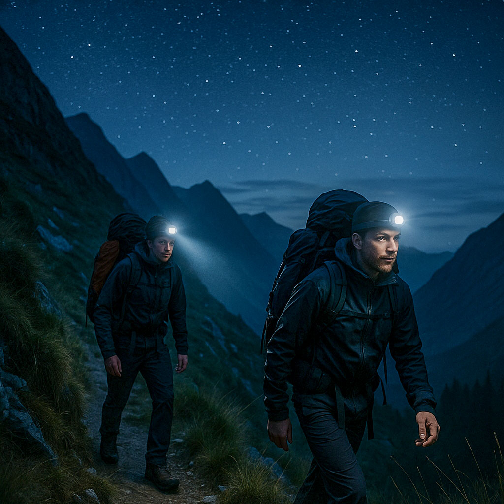 Two hikers walking along at night with head torches
