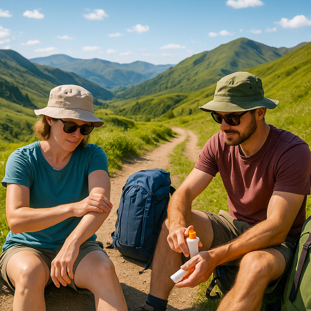 Two hikers out walking in the hills briefly stop to reapply suncream on a very sunnny hot day