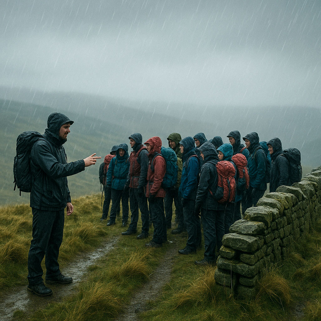 A group of hikers are stood by a wall, with one of them doing a headcount to ensure all the party are there