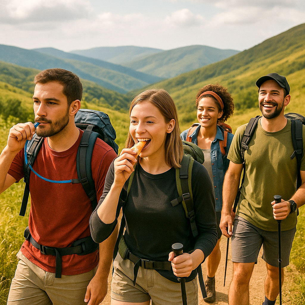 Four hikers walking along a path, one of whom is drink water from their hydration bladder, whilst another has a snack