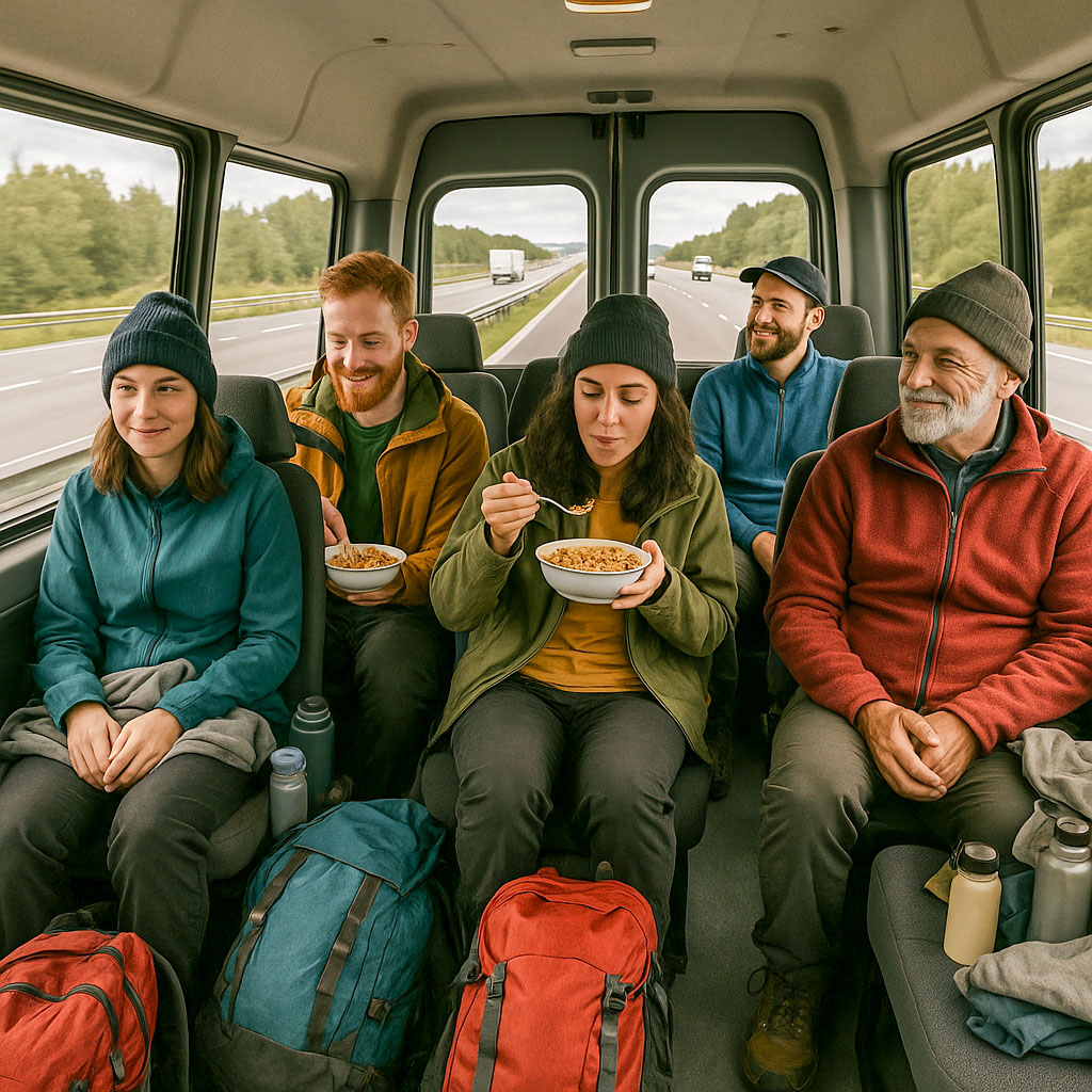 Five hikers sat in a minibus travelling along a motorway, two of them eating bowls of pasta