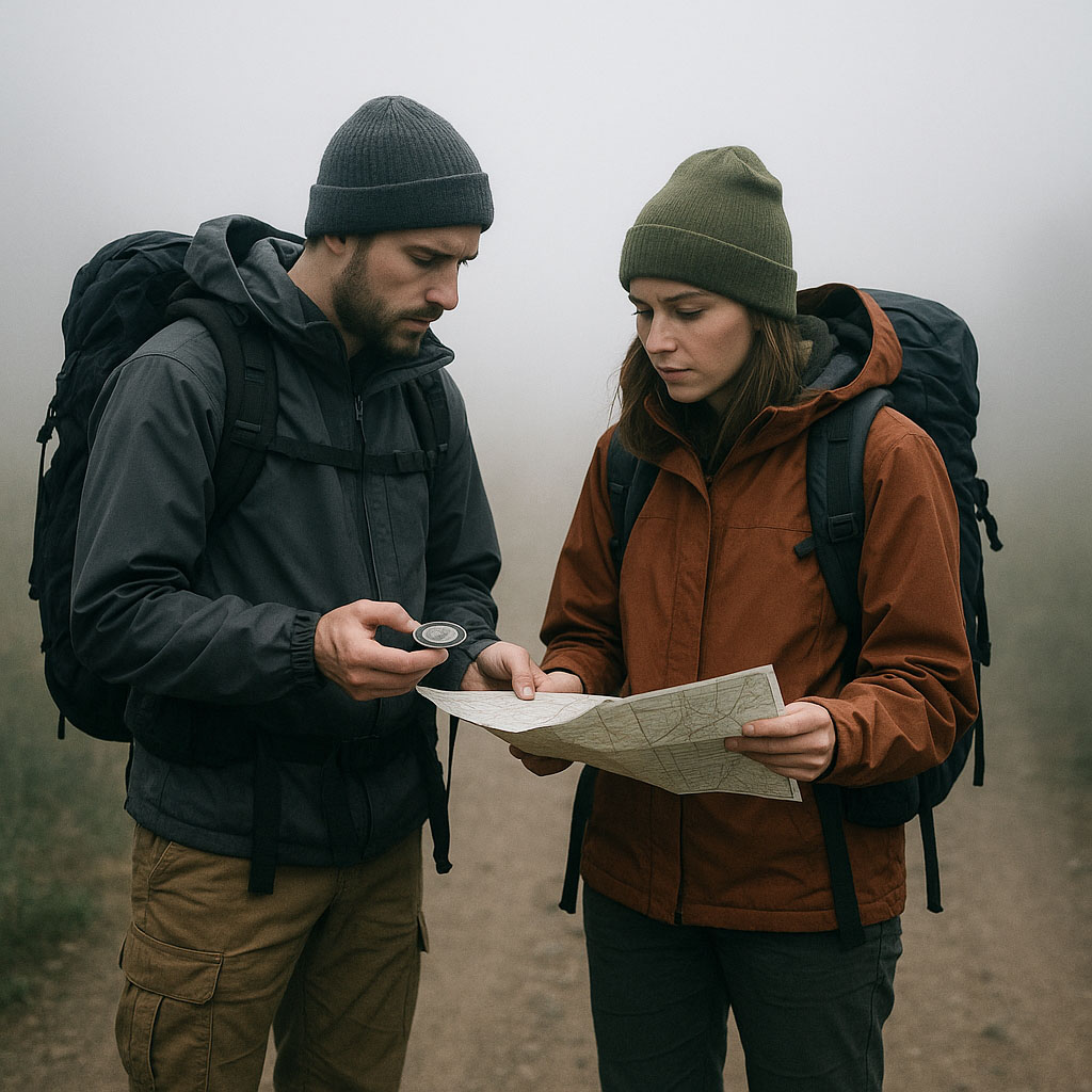 Two hikers looking at a map and compass in poor visibility