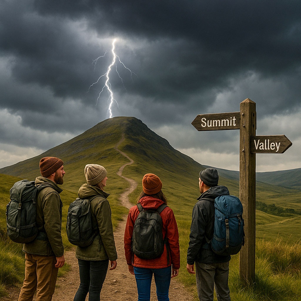 Four hikers looking at the lightning on the summit ahead, trying to decide whether to go onwards towards the summit or turn back around towards the valley