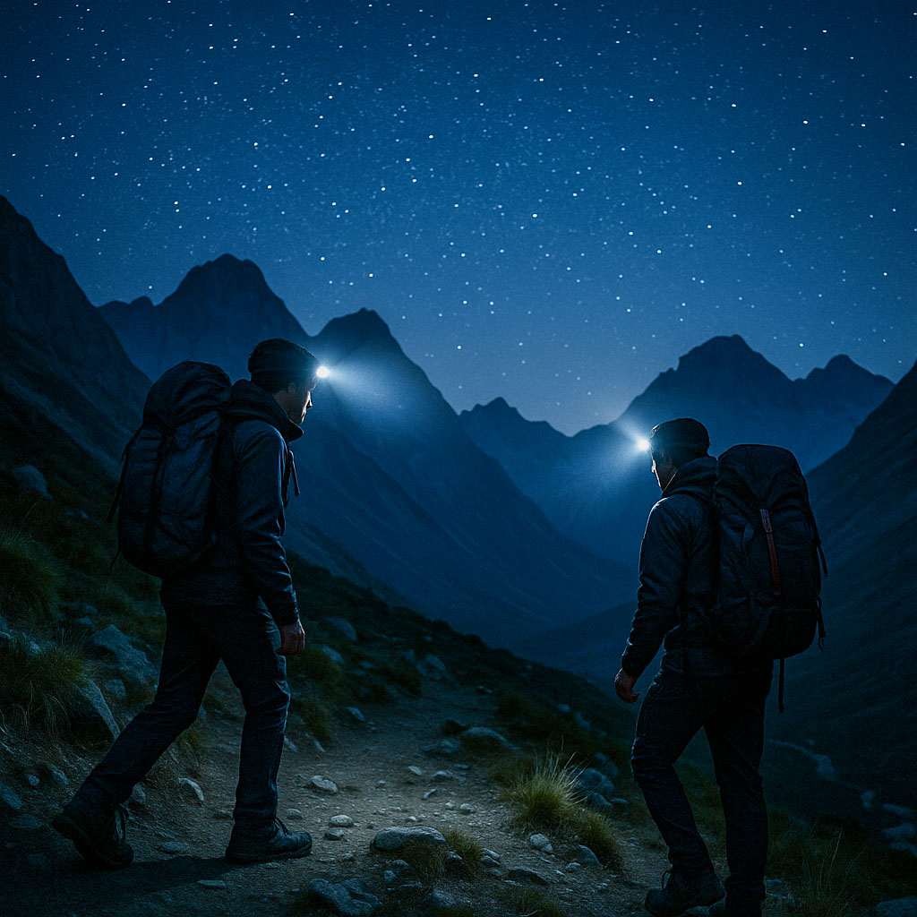 Two hikers walking at night only able to see about 10 yards ahead on the path