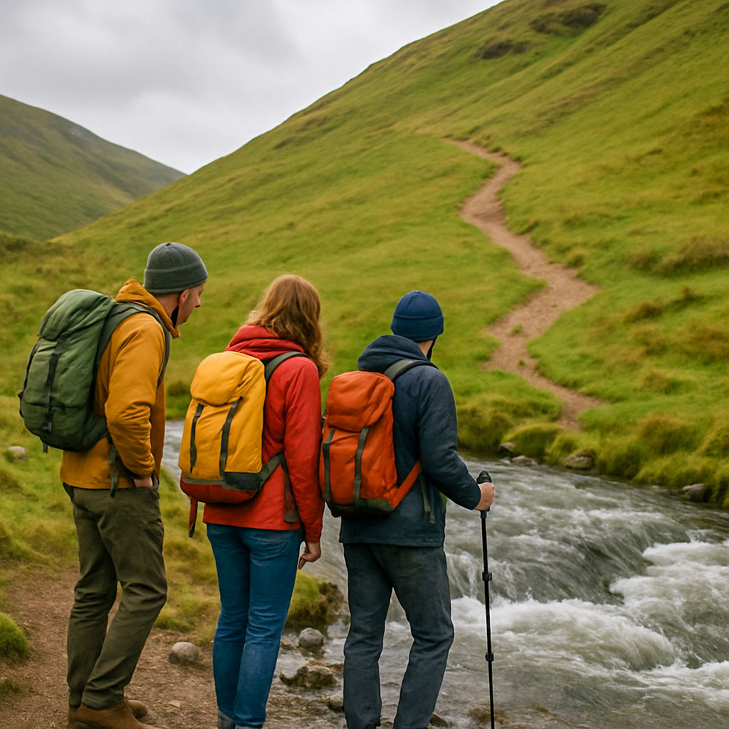 Three hikers who have just reached a fast flowing stream across their path - they are stood there wondering whether it is safe to cross