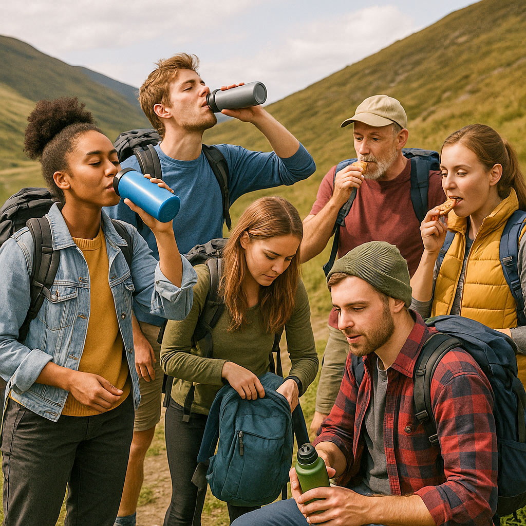 A group of six hikers, who has stopped for a brief rest and to have a drink and a bit of something to eat