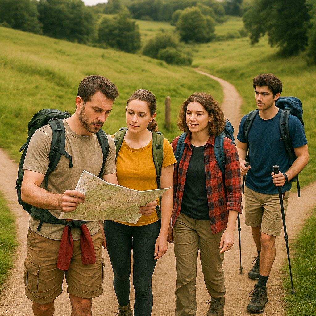 Four hikers stood at a junction of footpaths, looking at a map, wondering which way to go
