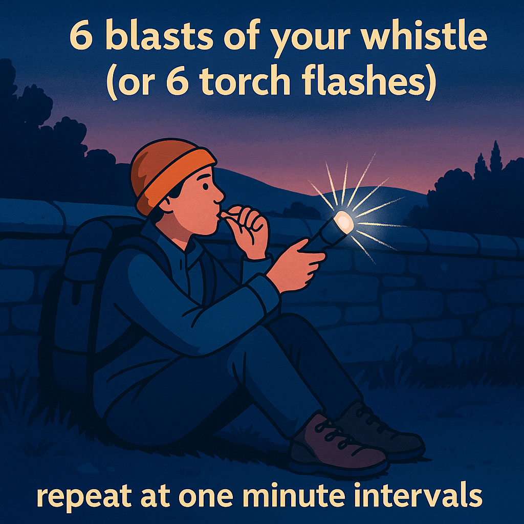 The distress signal - a person blowing his whistle 6 times and flashing his torch six times at an interval of one minute