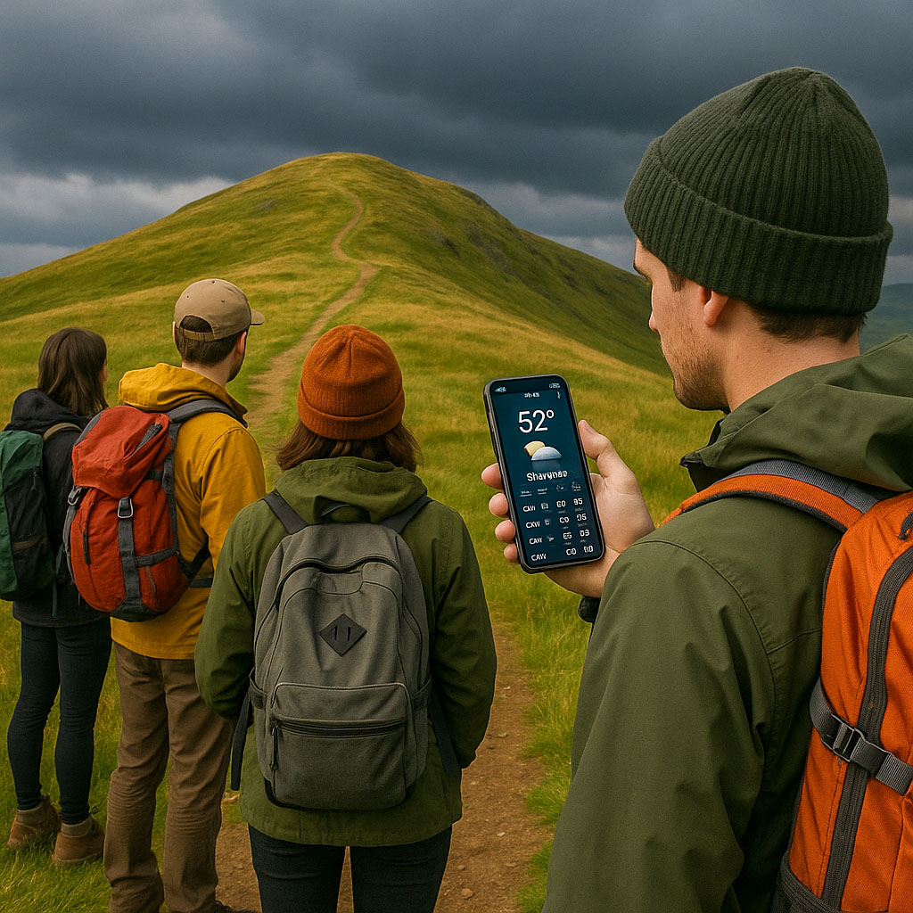 A group of hikers checking the weather forecast between mountains on their weather app on their mobile phone