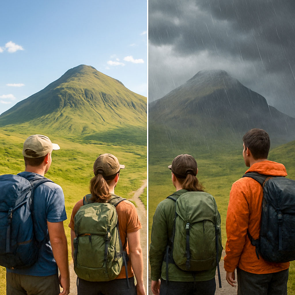 Hikers looking at the same mountain - on the left of the image everything is clear, on the right, the mountain is in clouds and it is raining