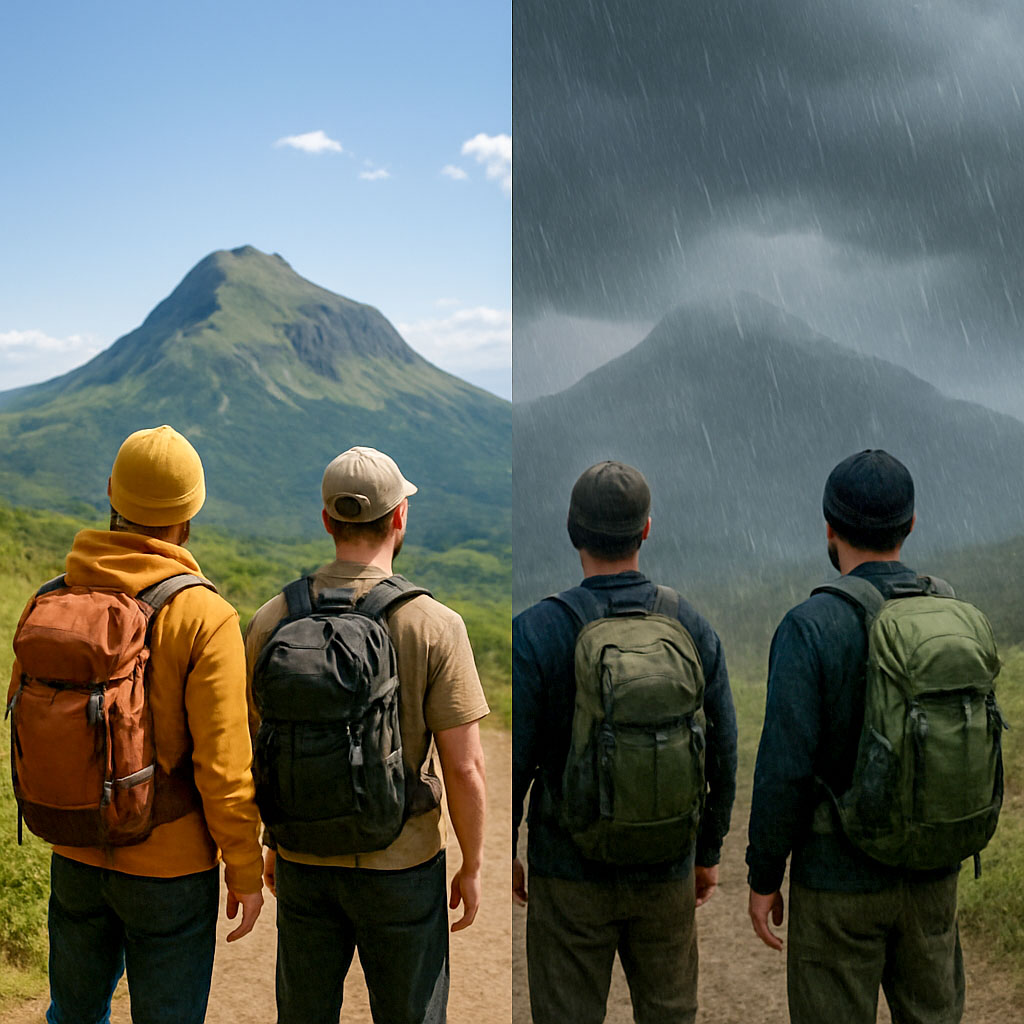 Looking ahead to the same mountain, to the left it is sunny and clear, to the right the mountain top is in cloud and it is raining