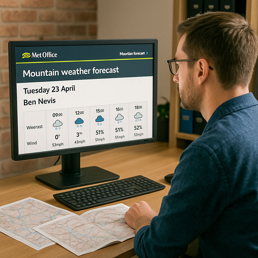 A man sat at his desk planning a walk, maps are open on the desk and he is looking at a Met Office Forecast on the screen