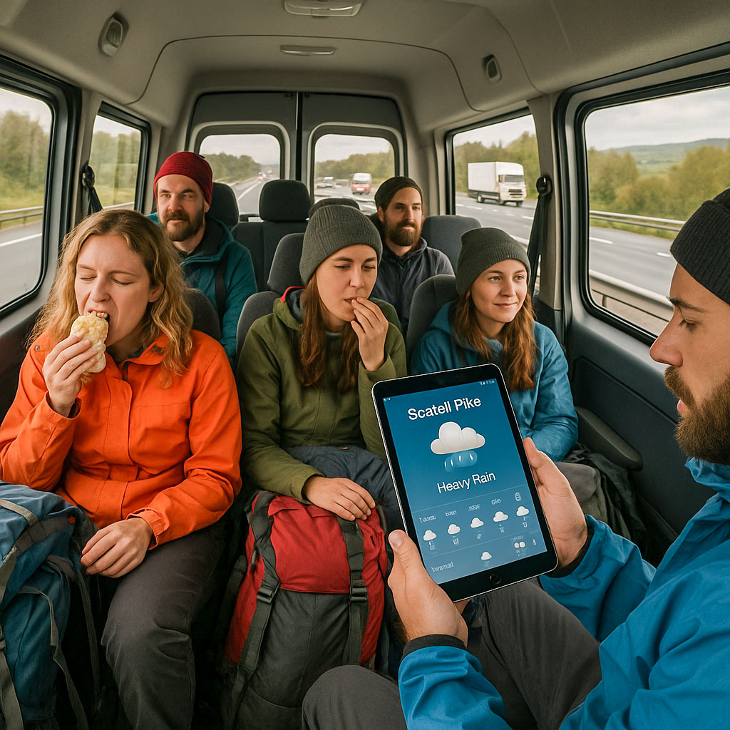 A group of hikers sat travelling in the back of a minibus on their way from Ben Nevis to Scafell Pike - one of the hikers is looking at a weather app on his iPad