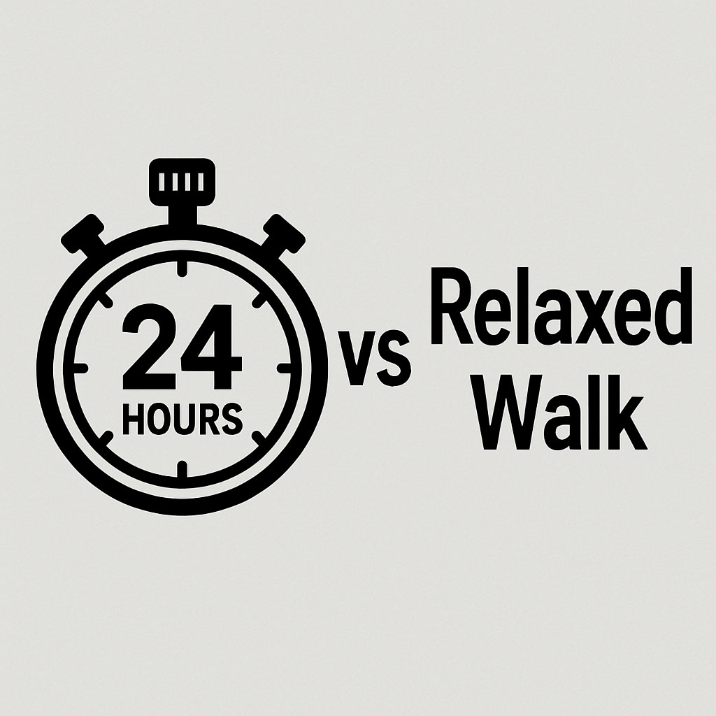 An image showing a 24-hour stopwatch for the National 3 Peaks, compared to a relaxed walk, showing there are differences between the two approaches