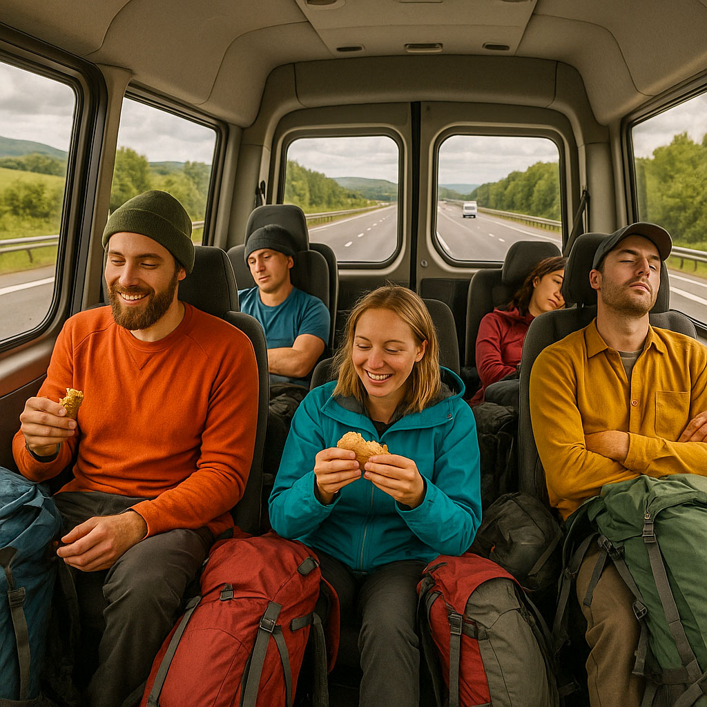 Five hikers sat in a minibus on the way to Snowdon. Two hikers are eating and three are sleeping.