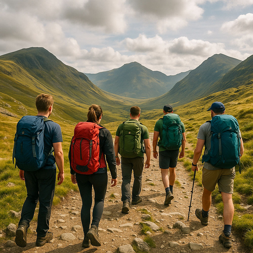 Five hikers on a training walk in the mountains