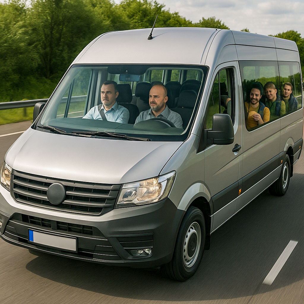 A minibus driving down a motorway on its way to Scafell Pike with the driver and co-driver in the front and 5 hikers in the back