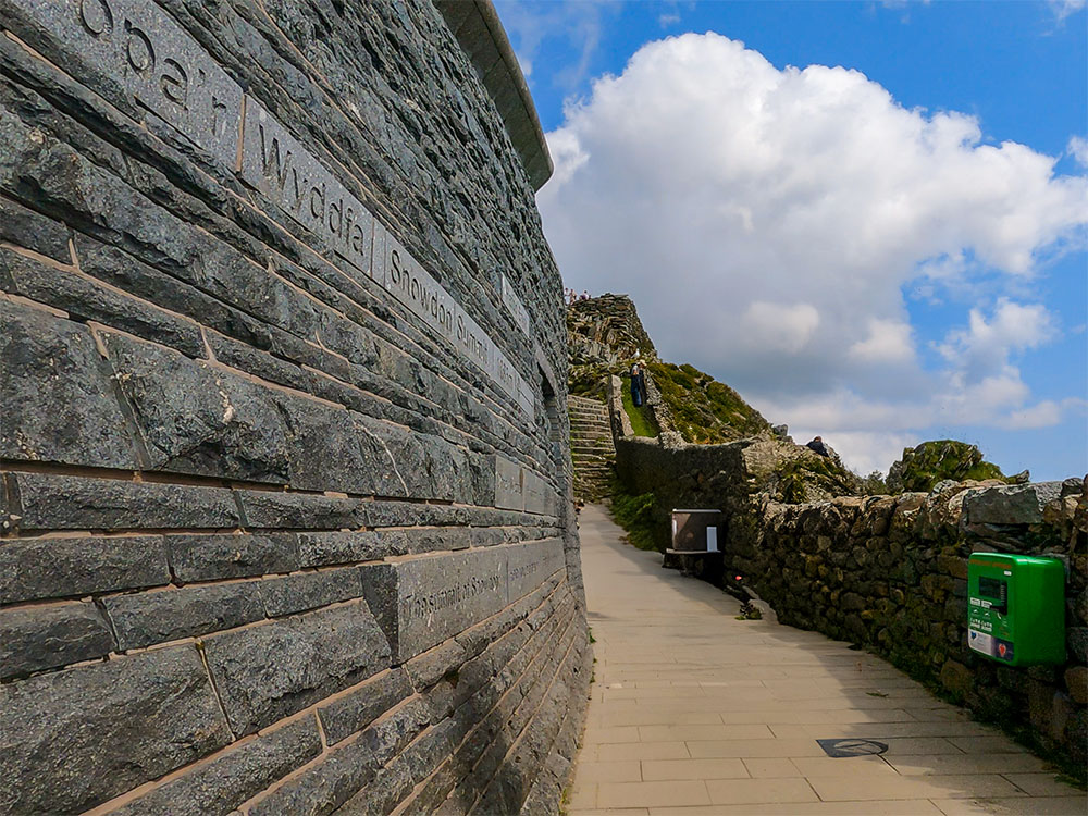The Snowdon summit sign on the side of the café
