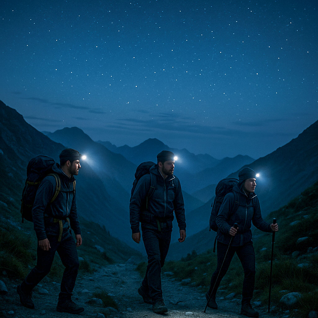 Three hikers practising night walking with headtorches in the mountains