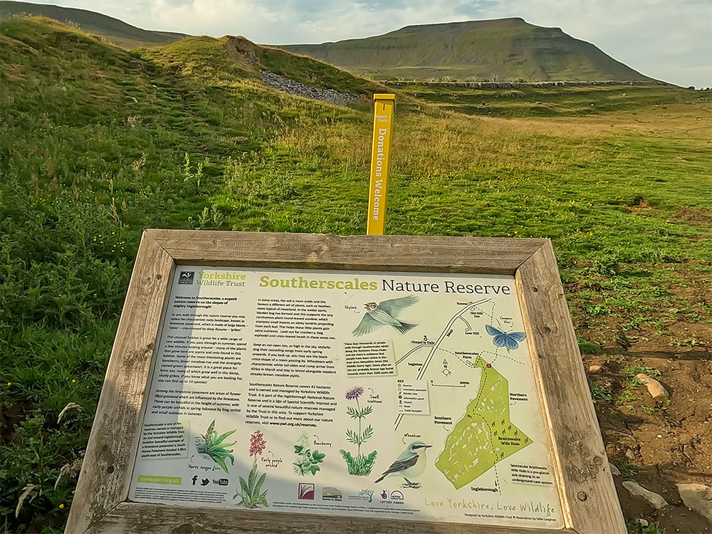 An information Board about Southerscales Nature Reserve on Ingleborough