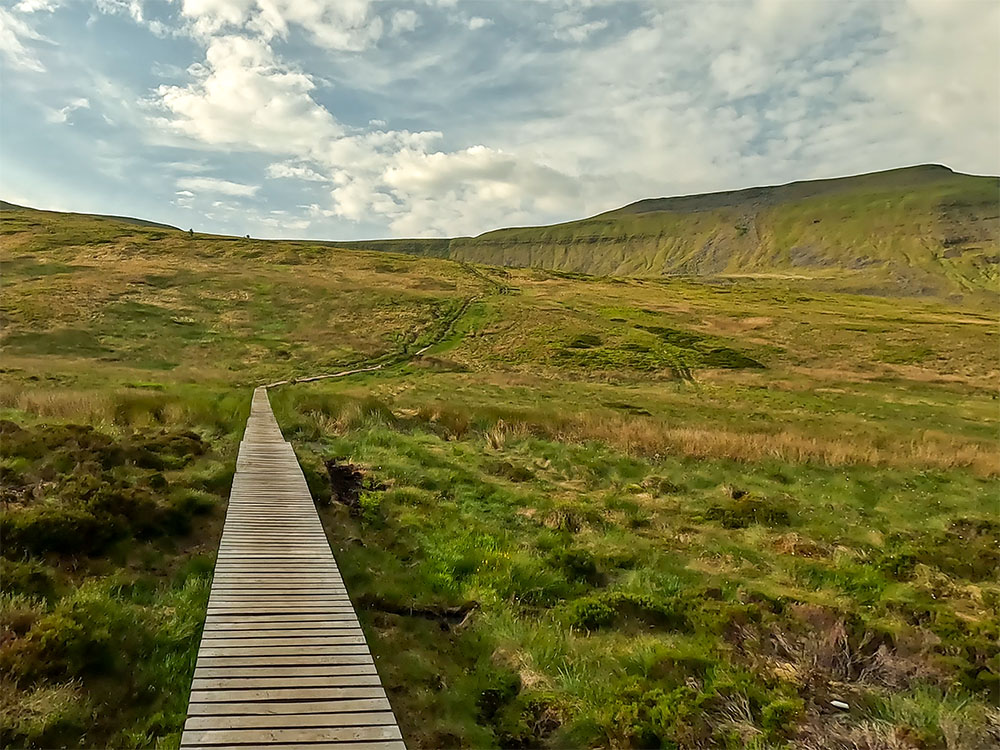 Wooden boards to help keep you out of the boggy ground on the Yorkshire Three Peaks foothpath on Ingleborough