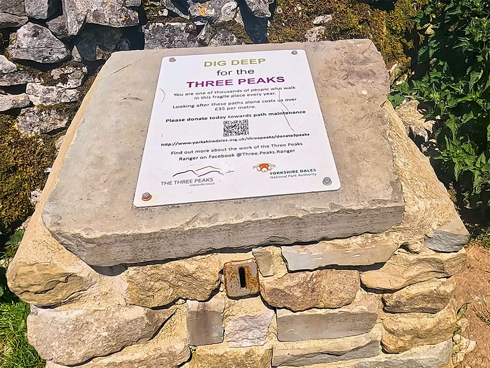 The Three Peaks donation box on the Three Peaks path as it heads towards Pen-y-ghent