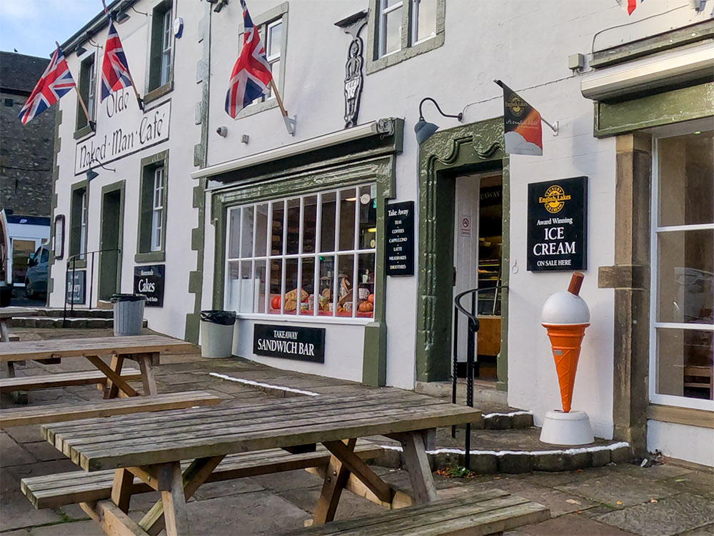 The seating outside Ye Olde Naked Man Café in Settle