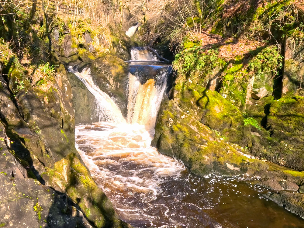 The Twin Falls that form part of the Pecca Falls on the Ingleton Waterfall Trail