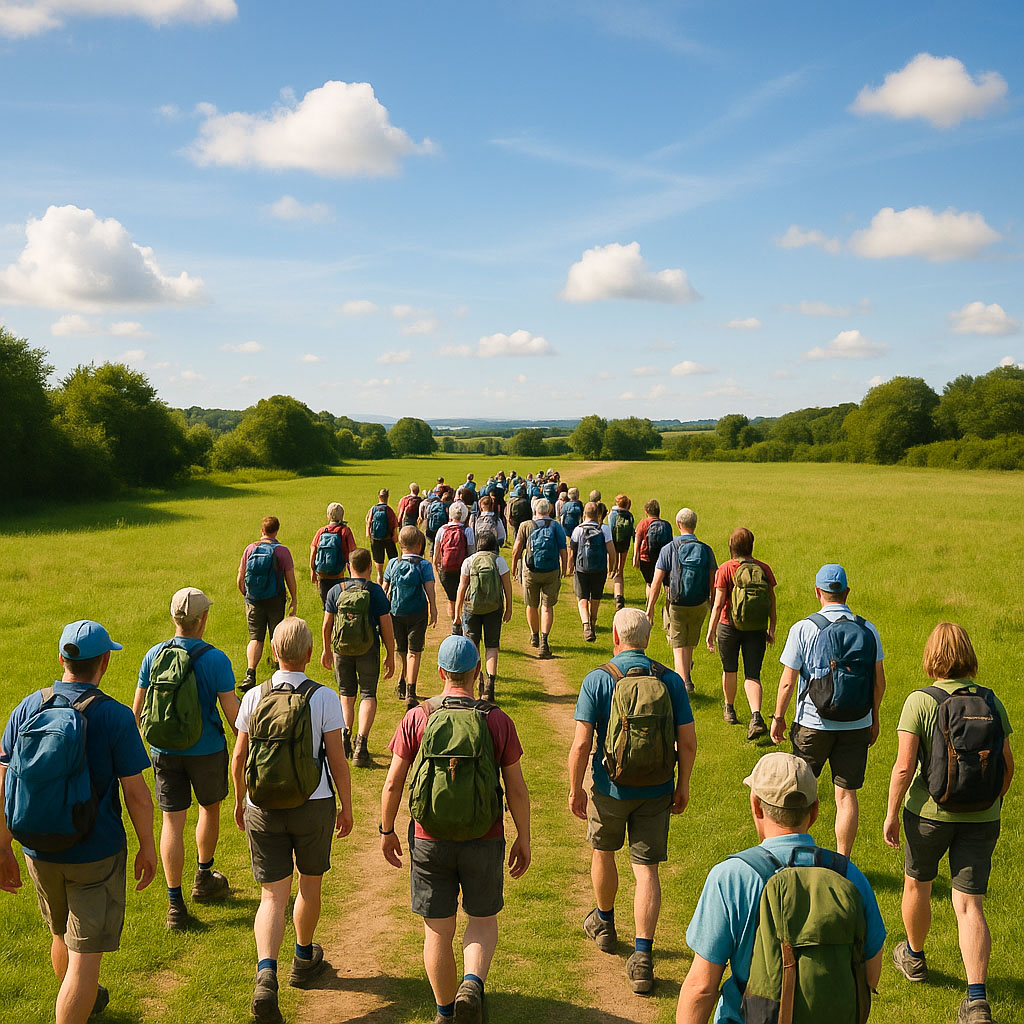 An organised group of about 30 walkers, walking along a path