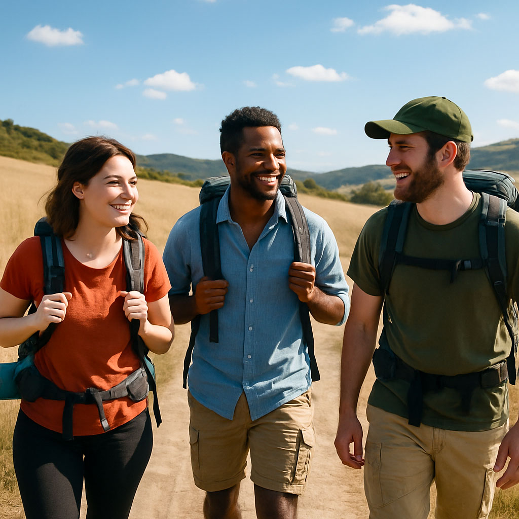 Three hikers smiling and walking along together in their own independent hike