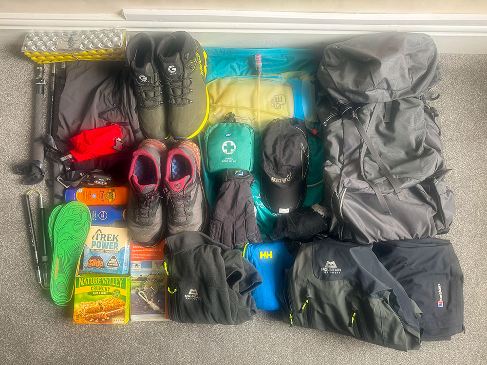 Hiking kit for the Yorkshire Three Peaks walk all laid out