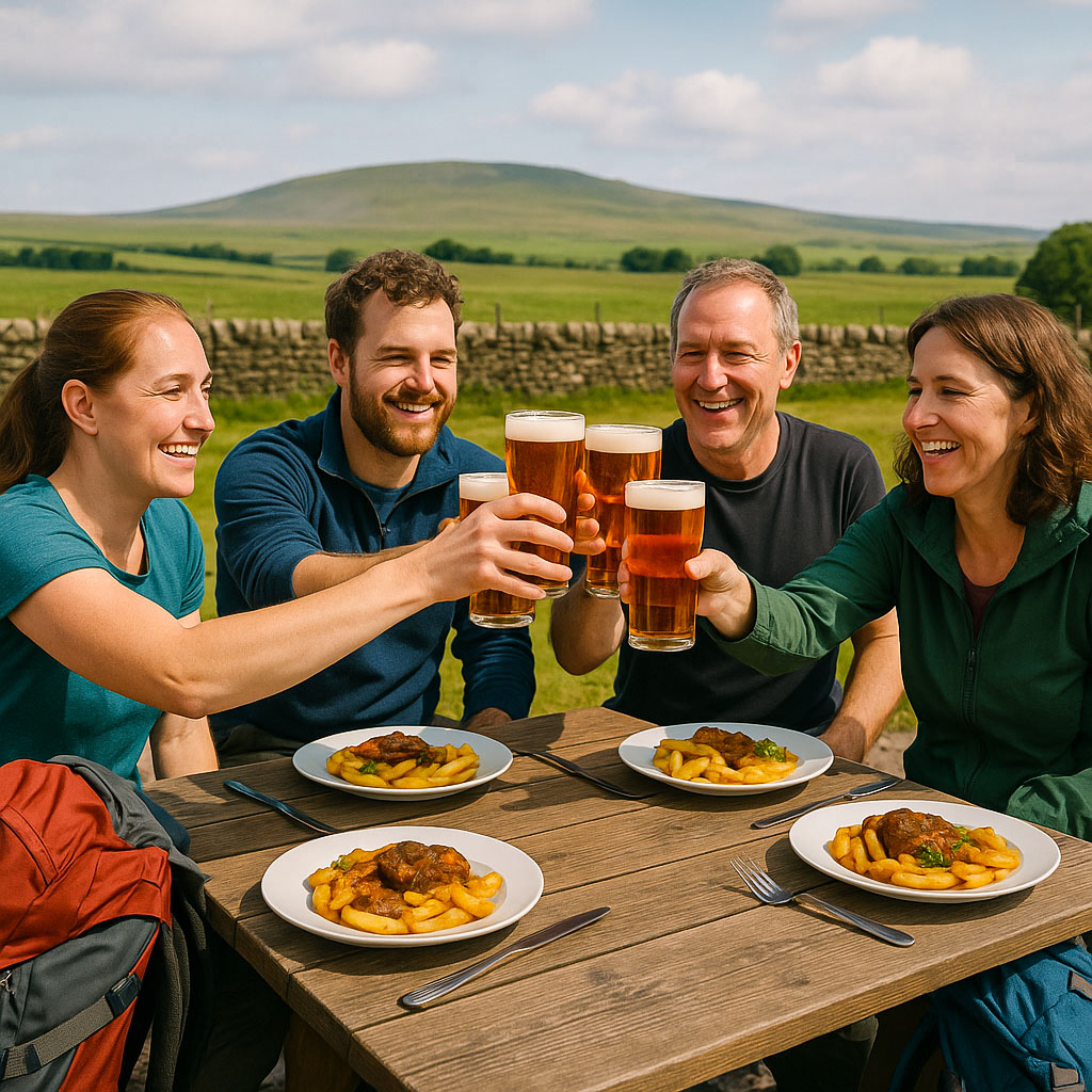 Three hikers and their friend, who was the Support Crew for the day, sat having some food and a pint post walk, raising a glass to each other on completing the Yorkshire Three Peaks Walk