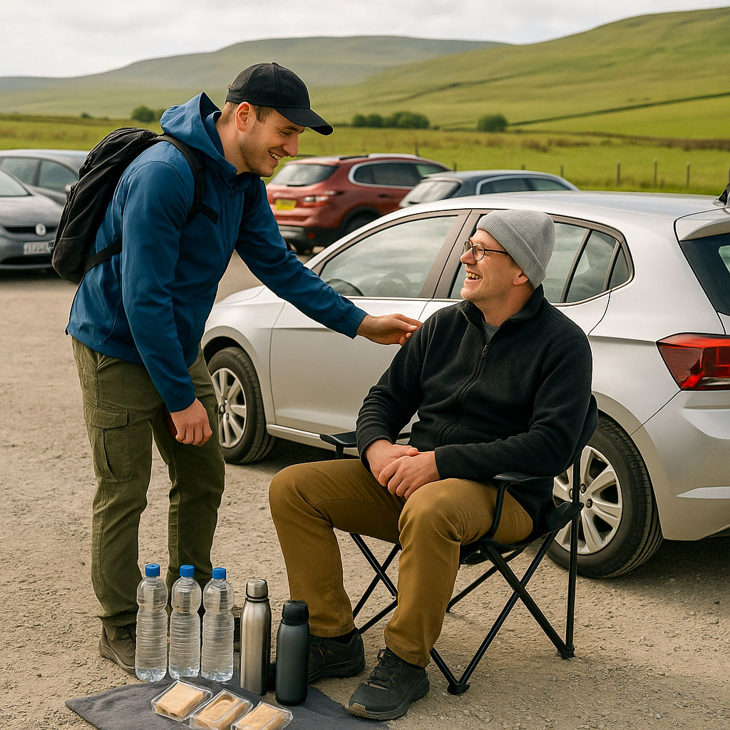 A member of the Support Crew sat by their car with water, sandwiches and flasks of coffee ready and waiting for the walkers