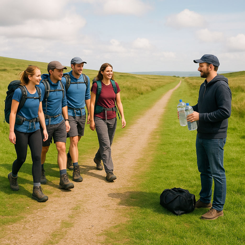 A friend acting as a Support Crew, waiting at the side of the path as the 4 hikers approach with bottles of water for them