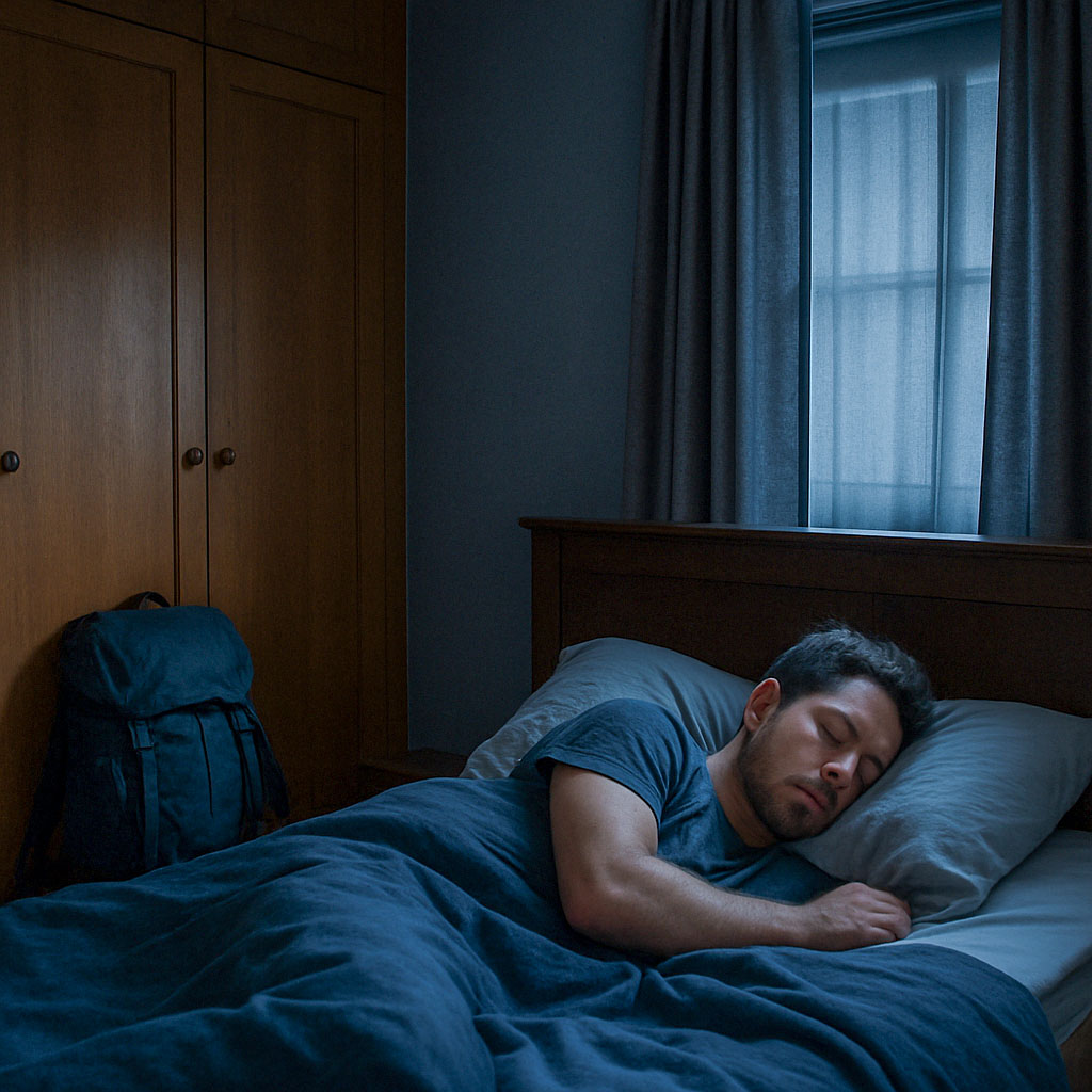 A hiker asleep in bed having done a long training walk for the Yorkshire Three Peaks, with his rucksack on the bedroom floor