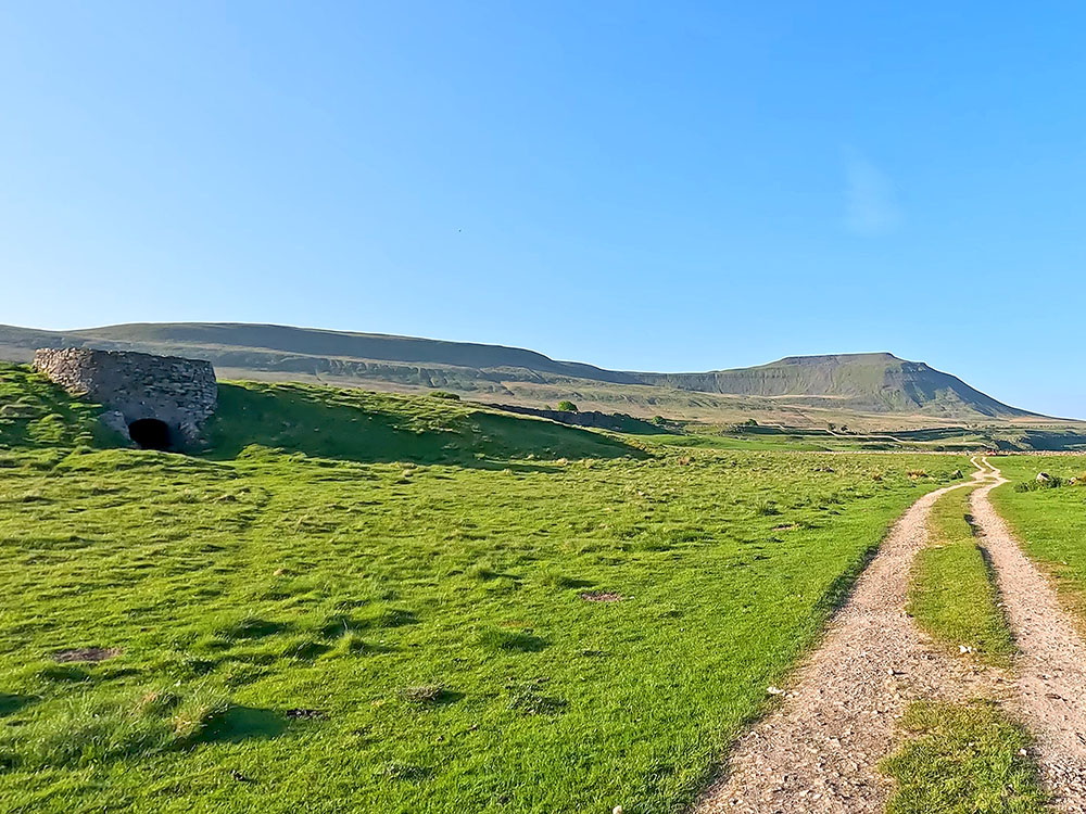 Wide grassy path heading towards Ingleborough